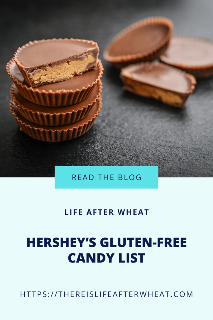 Hershey's gluten free candy list Pinterest image showing a stack of Reese's cups