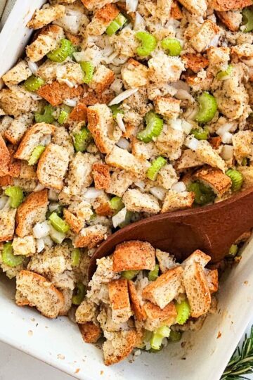 gluten free stuffing in a white casserole dish