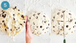 Step 5: three pictures. 1 is a thick and sticky pile of dough. 2 is a smooth round ball of dough. 3 is a knife cutting a slit in the round ball of dough.