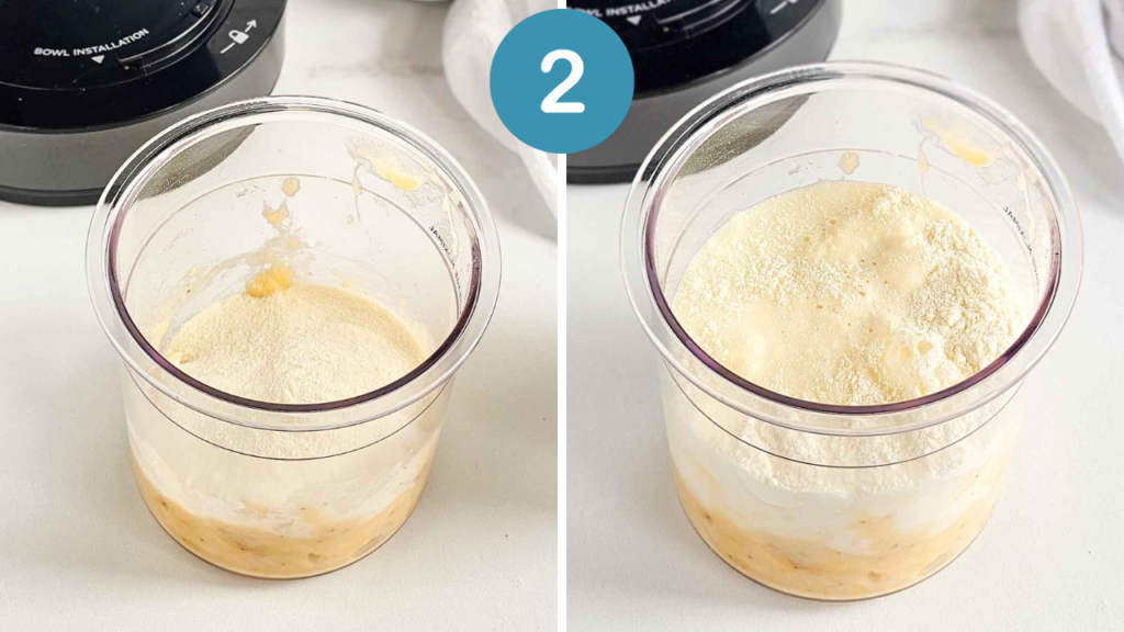 Ninja Creami Chunky Monkey Protein Ice Cream Step 2: adding milk and protein powder