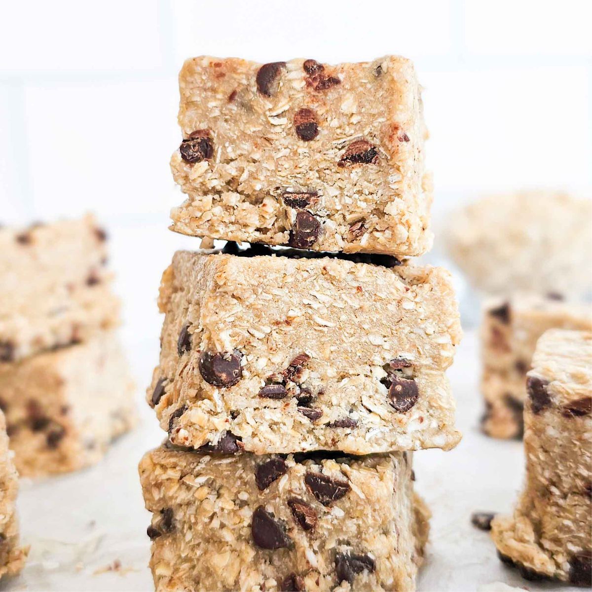 a stack of oat squares with mini chocolate chips.