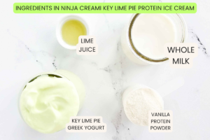 ingredients in Ninja Creami key lime pie ice cream: yogurt, milk, protein powder, lime juice
