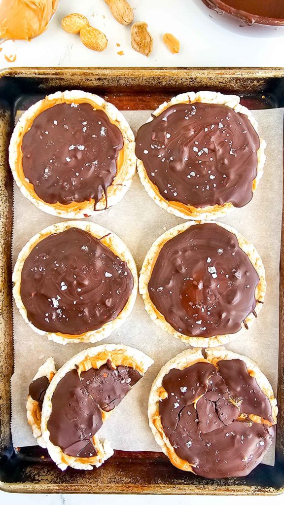 a tray of chocolate covered rice cakes